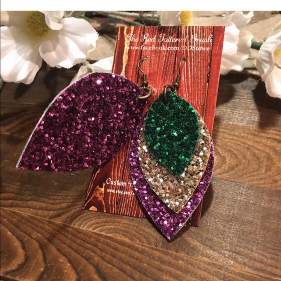 Faux Leather Earrings Mardi Gras Glitter 2.5” - Picture 6 of 6